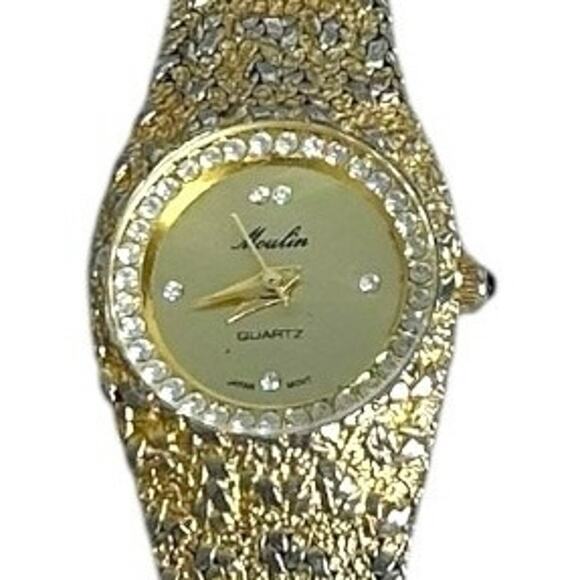 Vintage Moulin Quartz Watch Women Gold Tone Nugget Style Band Clear Stone Bezel - Picture 1 of 4